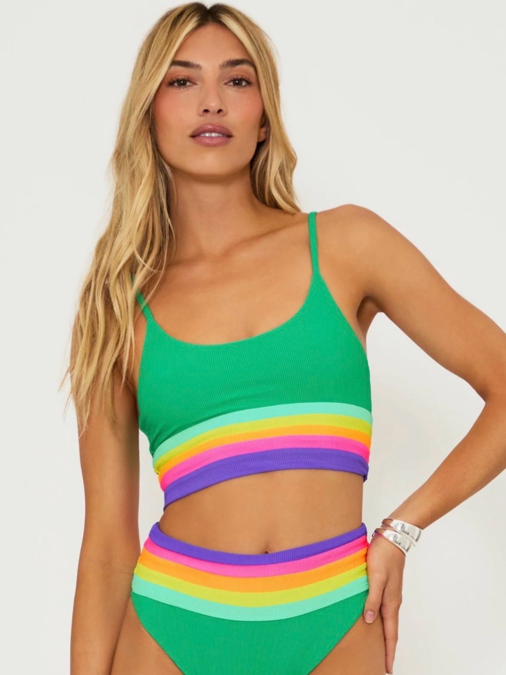 Beach Riot Mae Top Technicolor Green Colorblock Bikini Top Small